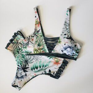 Tinibikini Swim Reversible Green White & Black Floral Botanical Bikini Swimsuit
